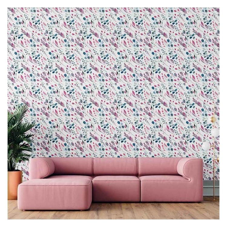 Papel de Parede Adesivo Folhas Aquarela Rosa e...