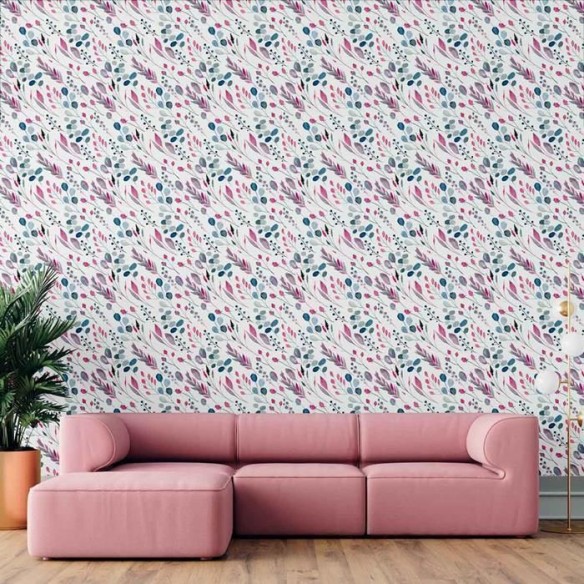 Papel de Parede Adesivo Folhas Aquarela Rosa e Roxo N09021