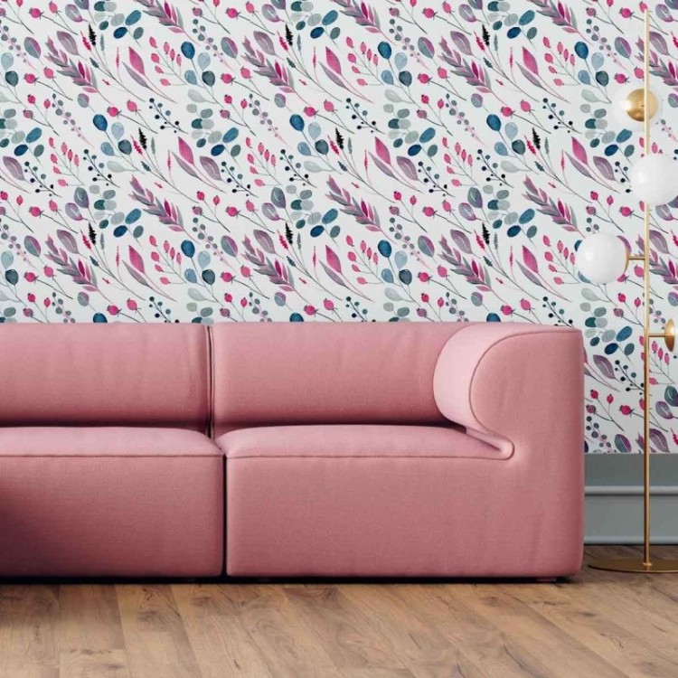 Papel de Parede Adesivo Folhas Aquarela Rosa e...