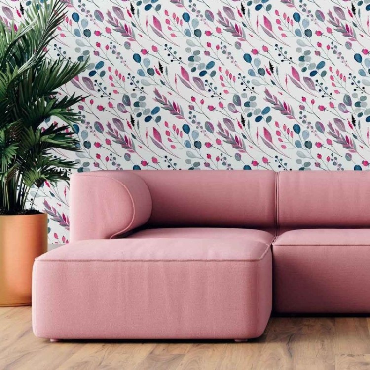 Papel de Parede Adesivo Folhas Aquarela Rosa e...