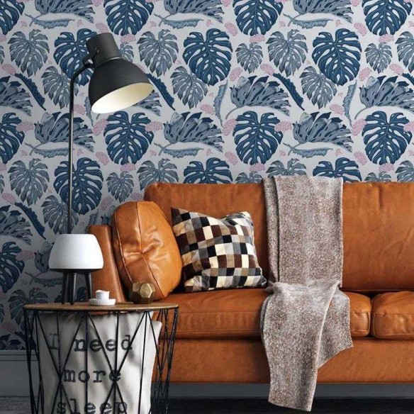 Papel de Parede Adesivo Folhas Branco e Azul N05207