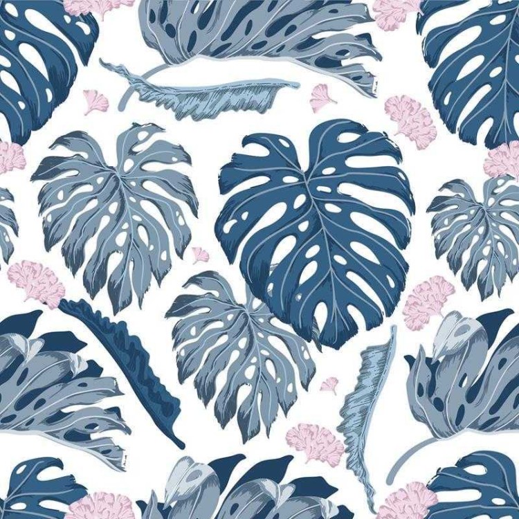 Papel de Parede Adesivo Folhas Branco e Azul...
