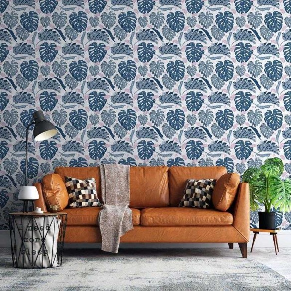 Papel de Parede Adesivo Folhas Branco e Azul N05207