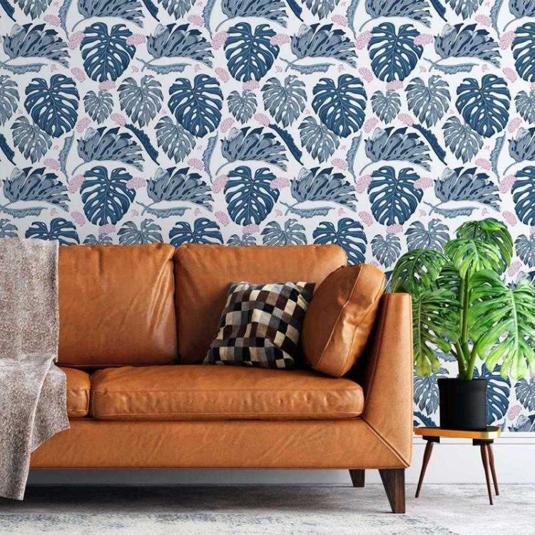 Papel de Parede Adesivo Folhas Branco e Azul...