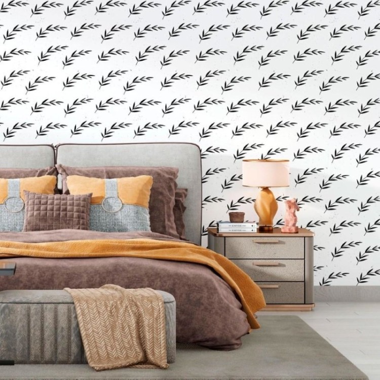 Papel de Parede Adesivo Folhas Branco e Preto...