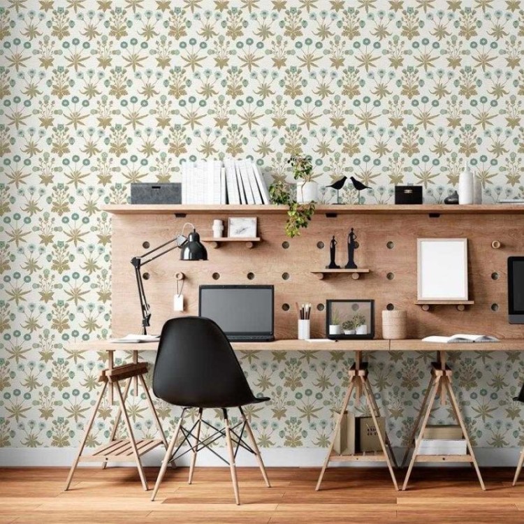 Papel de Parede Adesivo Folhas e Flores Azul e...