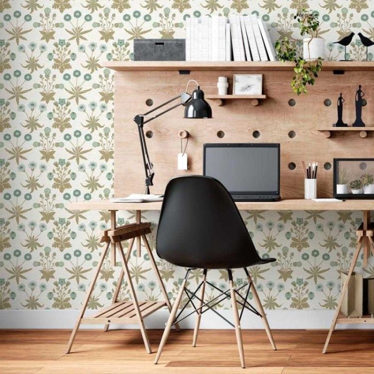 Papel de Parede Adesivo Folhas e Flores Azul e...