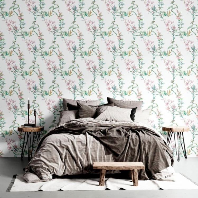 Papel de Parede Adesivo Folhas e Flores em...
