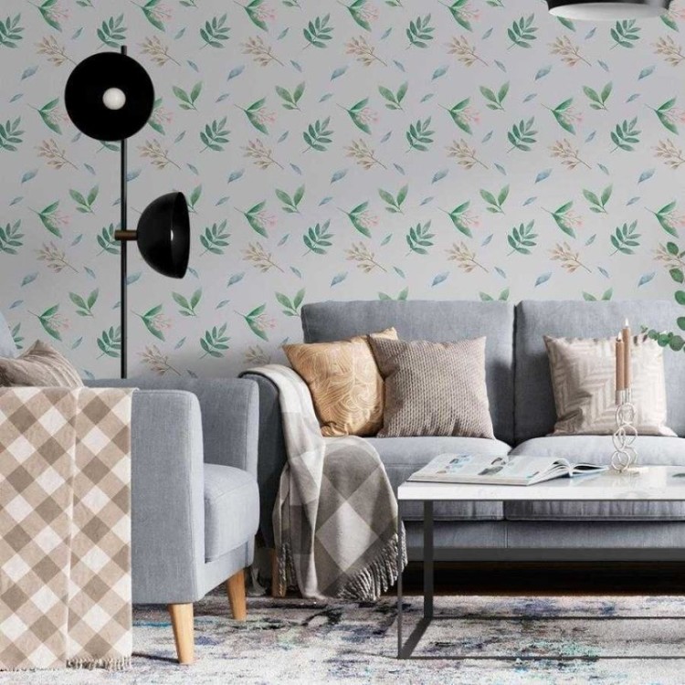 Papel de Parede Adesivo Folhas e Flores em...