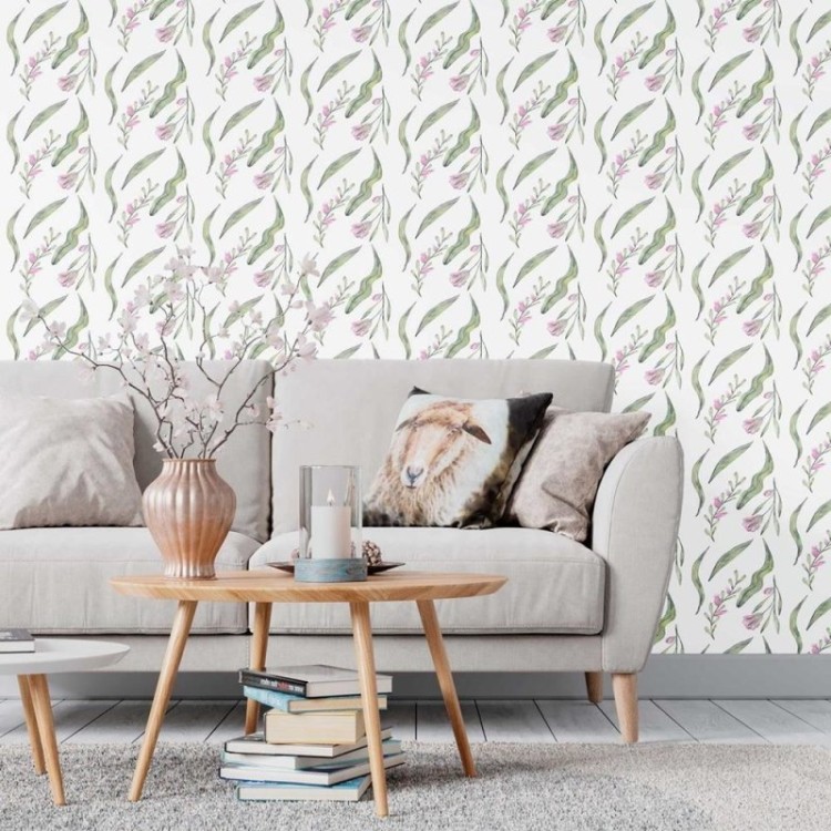 Papel de Parede Adesivo Folhas e Flores em...