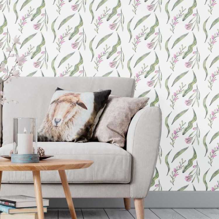 Papel de Parede Adesivo Folhas e Flores em...