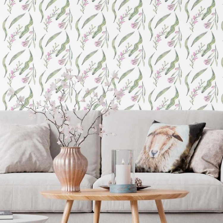 Papel de Parede Adesivo Folhas e Flores em...