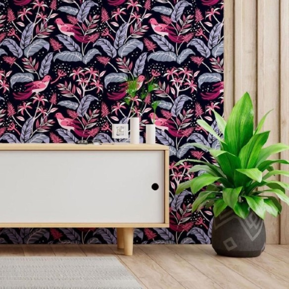 Papel de Parede Adesivo Folhas e Pássaros N013041