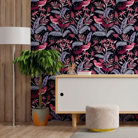 Papel de Parede Adesivo Folhas e Pássaros N013041