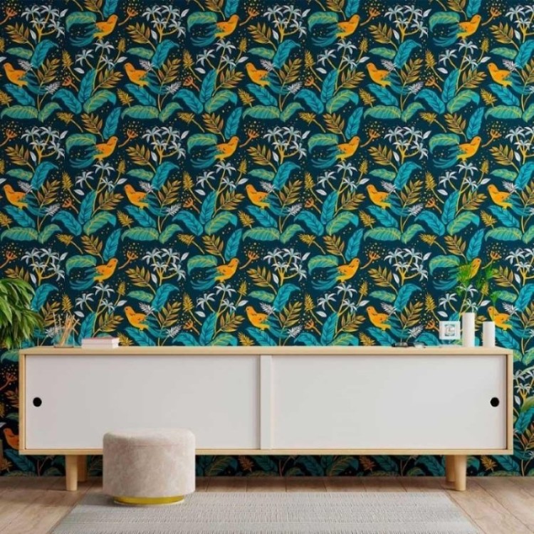 Papel de Parede Adesivo Folhas e Pássaros N013042