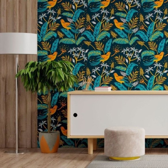 Papel de Parede Adesivo Folhas e Pássaros N013042
