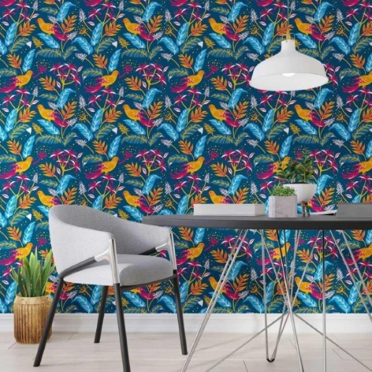 Papel de Parede Adesivo Folhas e Pássaros N013043