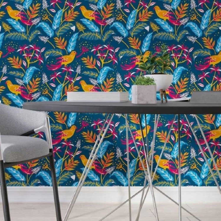 Papel de Parede Adesivo Folhas e Pássaros N013043