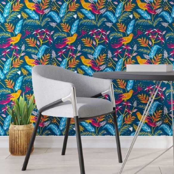 Papel de Parede Adesivo Folhas e Pássaros N013043