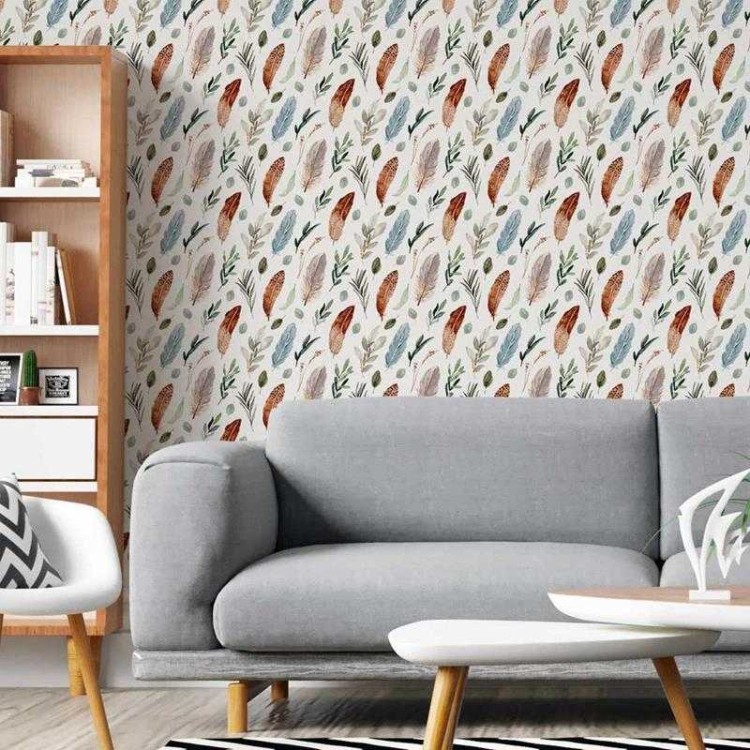 Papel de Parede Adesivo Folhas e Penas Aquarela...