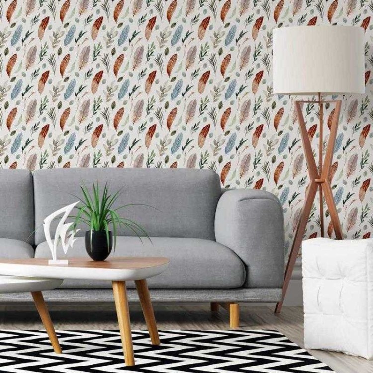 Papel de Parede Adesivo Folhas e Penas Aquarela...