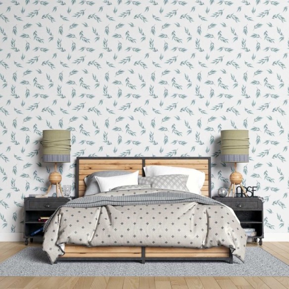 Papel de Parede Adesivo Folhas Minimalistas Verde e Branco N07106