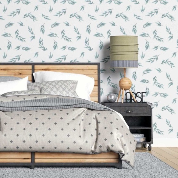 Papel de Parede Adesivo Folhas Minimalistas Verde e Branco N07106