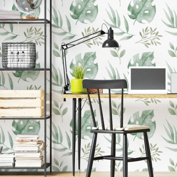 Papel de Parede Adesivo Folhas Tropicais Aquarela N019047