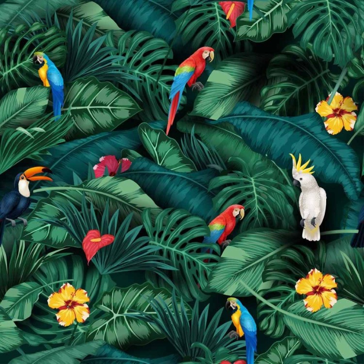 Papel de Parede Adesivo Folhas Tropicais Araras...