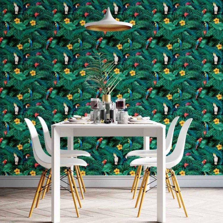 Papel de Parede Adesivo Folhas Tropicais Araras...