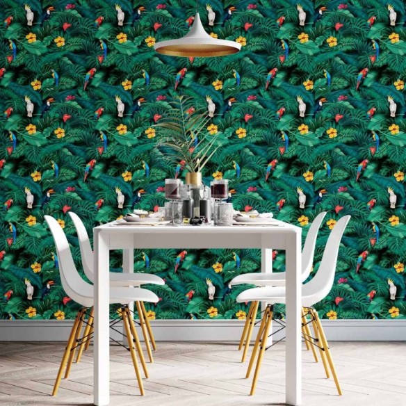 Papel de Parede Adesivo Folhas Tropicais Araras N014191