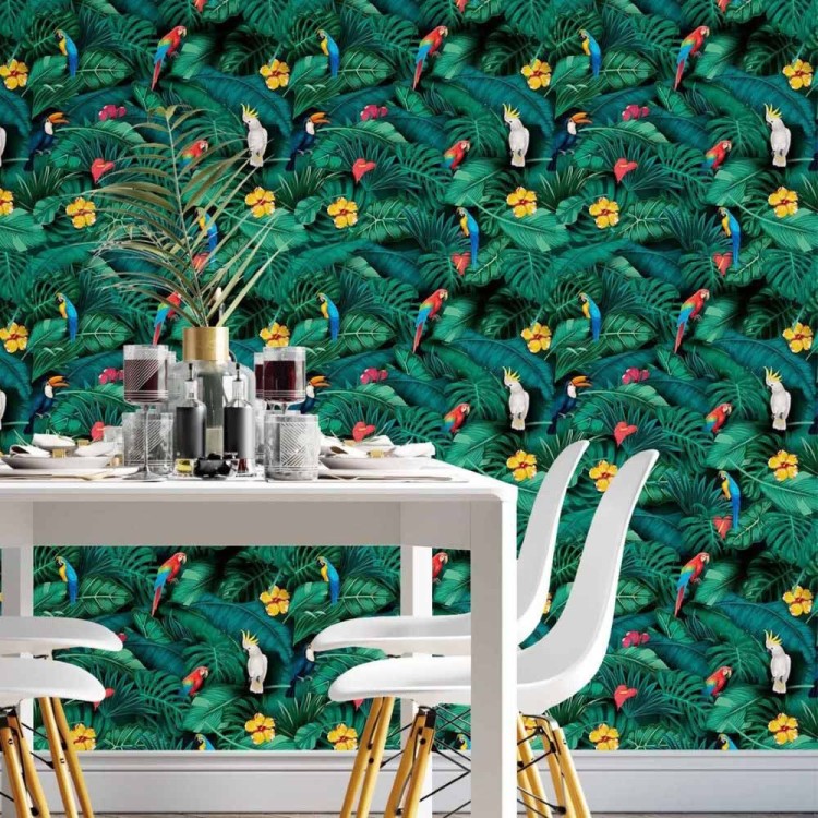 Papel de Parede Adesivo Folhas Tropicais Araras...