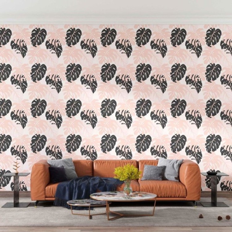 Papel de Parede Adesivo Folhas Tropicais Rosa e...