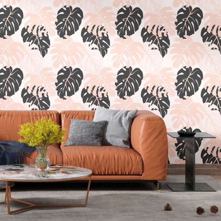 Papel de Parede Adesivo Folhas Tropicais Rosa e...
