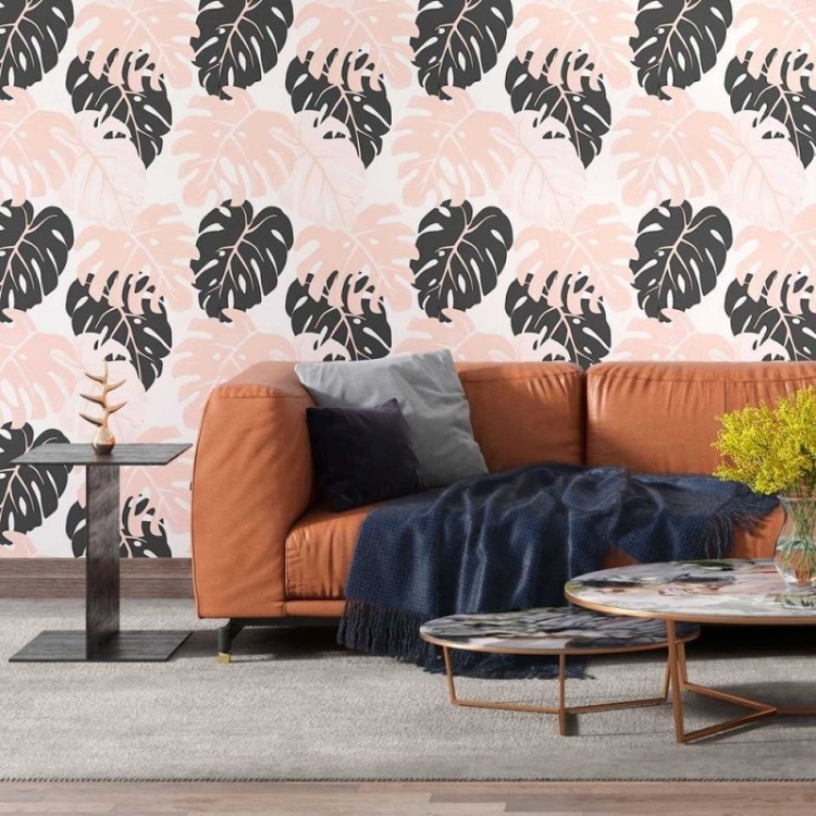 Papel de Parede Adesivo Folhas Tropicais Rosa e...