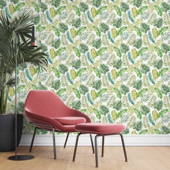 Papel de Parede Adesivo Folhas Tropicais Verde e Branco N07071