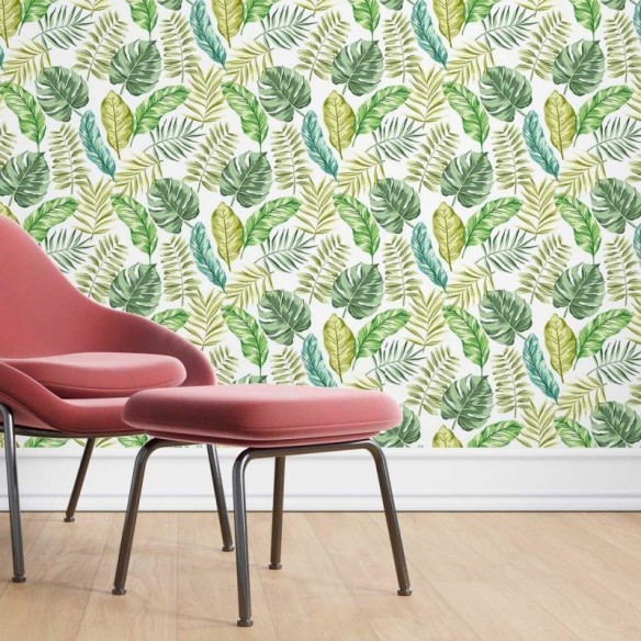 Papel de Parede Adesivo Folhas Tropicais Verde e Branco N07071