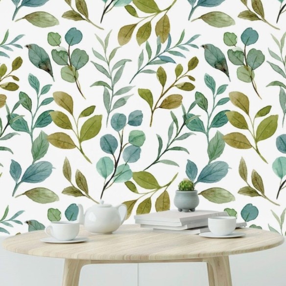 Papel de Parede Adesivo Folhas Verdes Aquarela N019040
