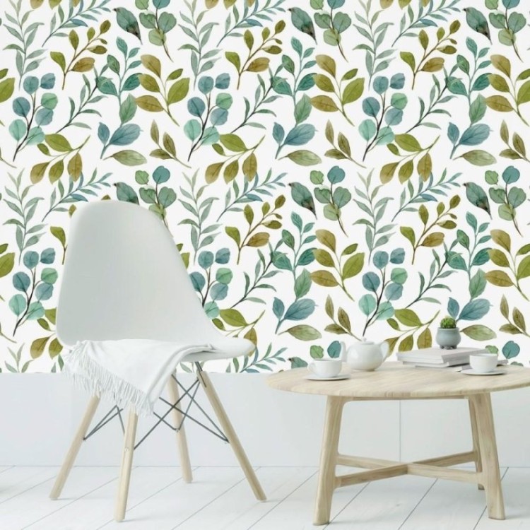 Papel de Parede Adesivo Folhas Verdes Aquarela...