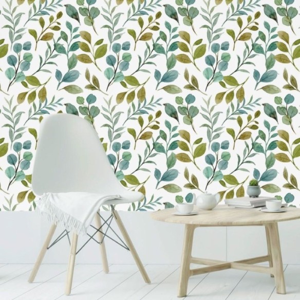 Papel de Parede Adesivo Folhas Verdes Aquarela N019040