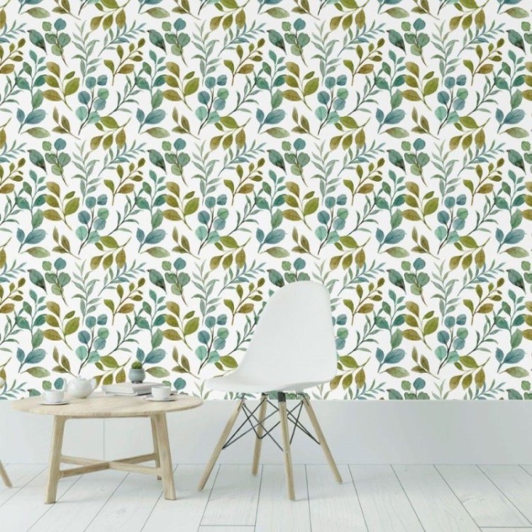 Papel de Parede Adesivo Folhas Verdes Aquarela...