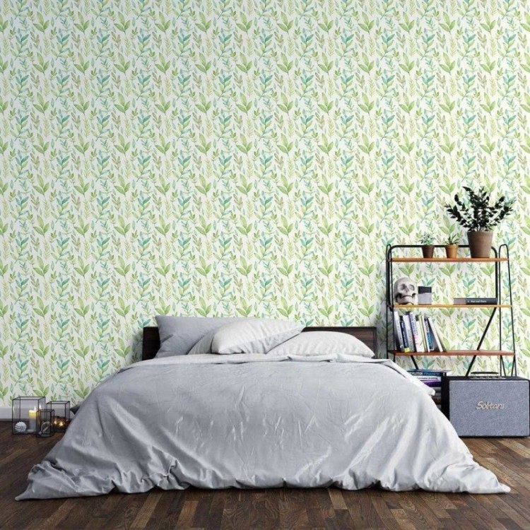 Papel de Parede Adesivo Folhas Verdes Delicadas...