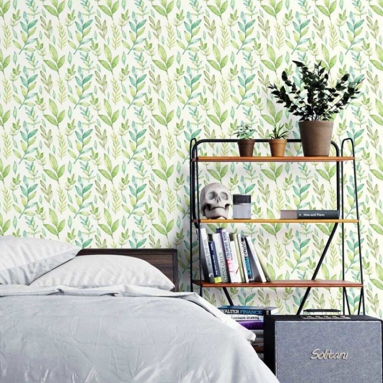 Papel de Parede Adesivo Folhas Verdes Delicadas...