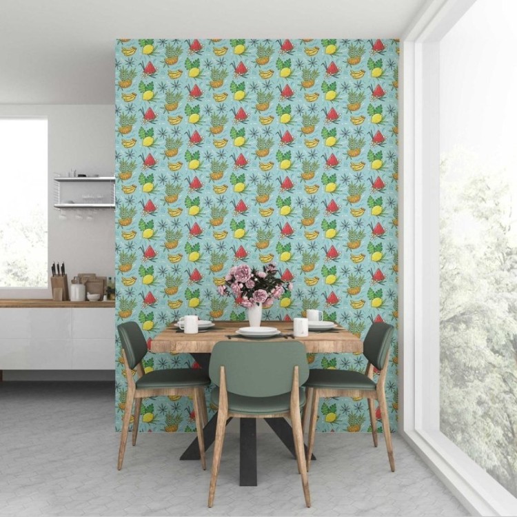 Papel de Parede Adesivo Frutas Tropicais Fundo...