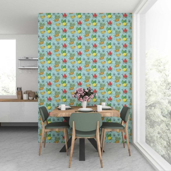 Papel de Parede Adesivo Frutas Tropicais Fundo Azul N07033