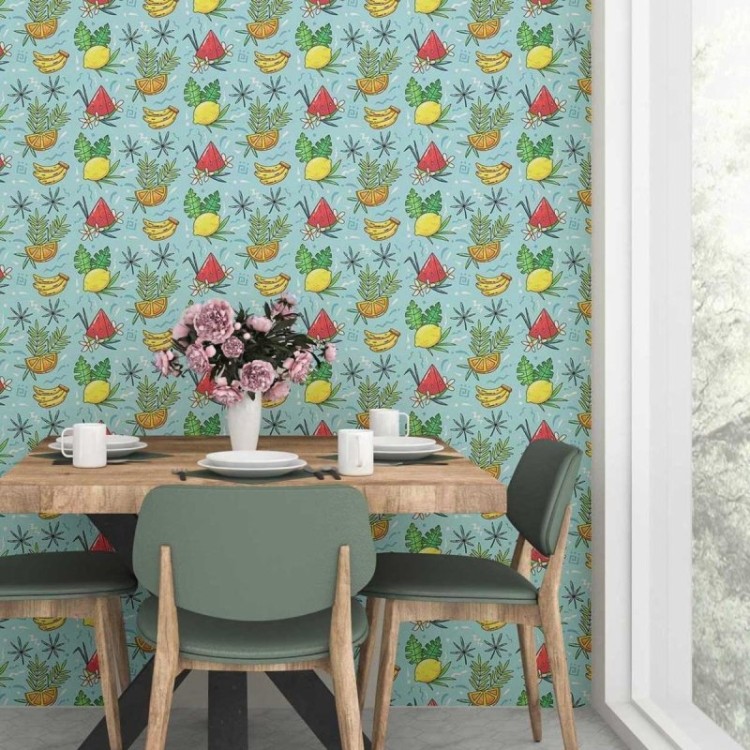 Papel de Parede Adesivo Frutas Tropicais Fundo...