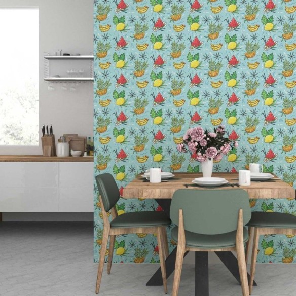 Papel de Parede Adesivo Frutas Tropicais Fundo Azul N07033
