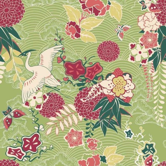 Papel de Parede Adesivo Garça e Flores Japonês N05091