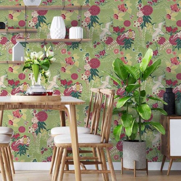 Papel de Parede Adesivo Garça e Flores Japonês N05091
