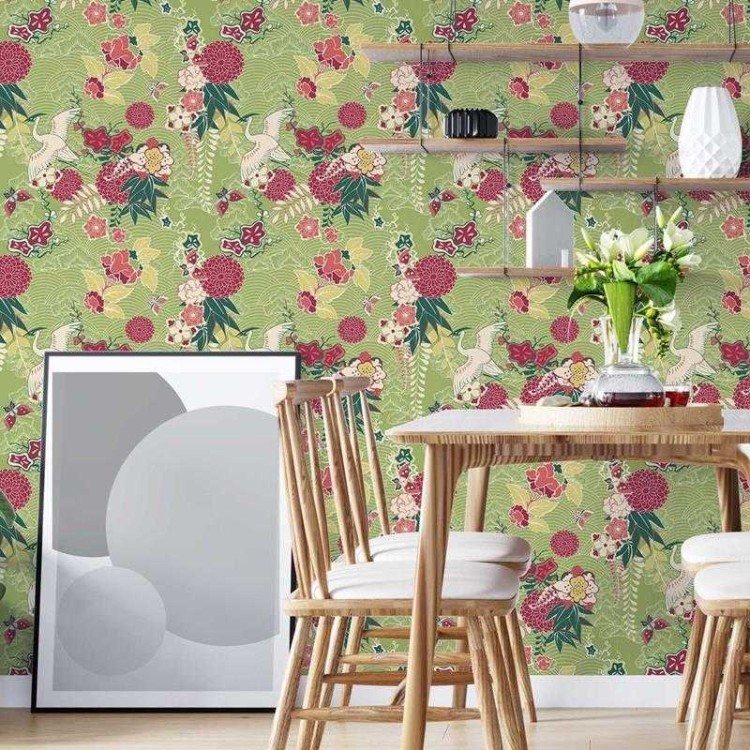 Papel de Parede Adesivo Garça e Flores Japonês...